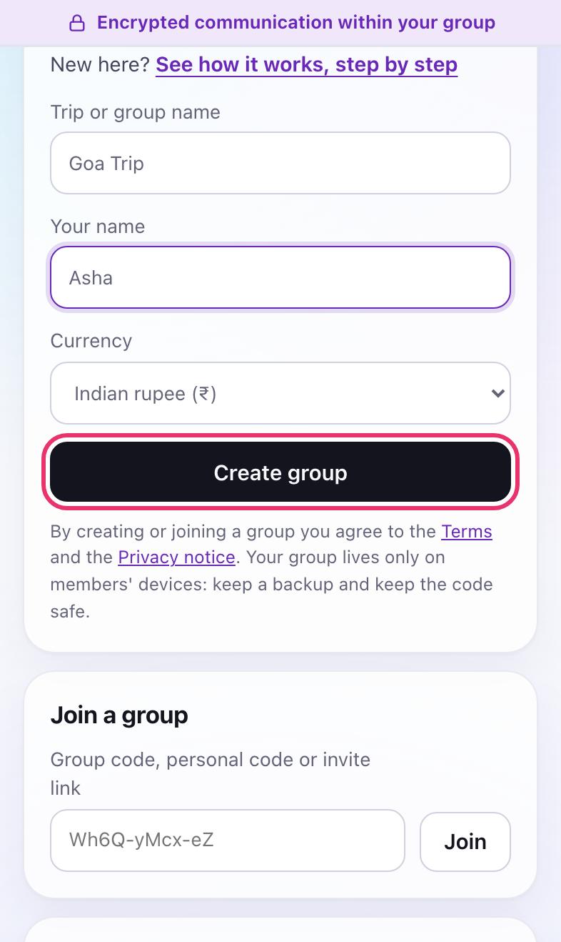 The create form filled in with Goa Trip and the name Asha