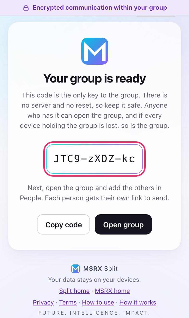 Your group is ready, showing a ten-character group code