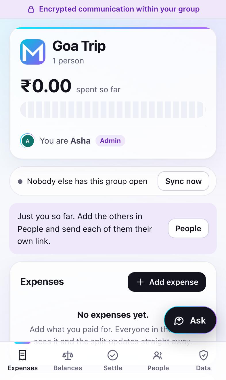 A new trip showing the total spent, who you are, the sync status and the tabs at the bottom