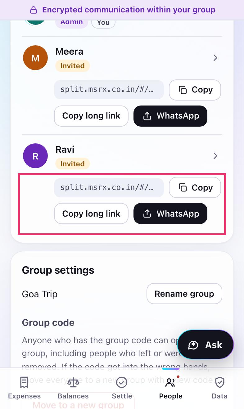 The People tab with a personal link, Copy and WhatsApp buttons beside each person