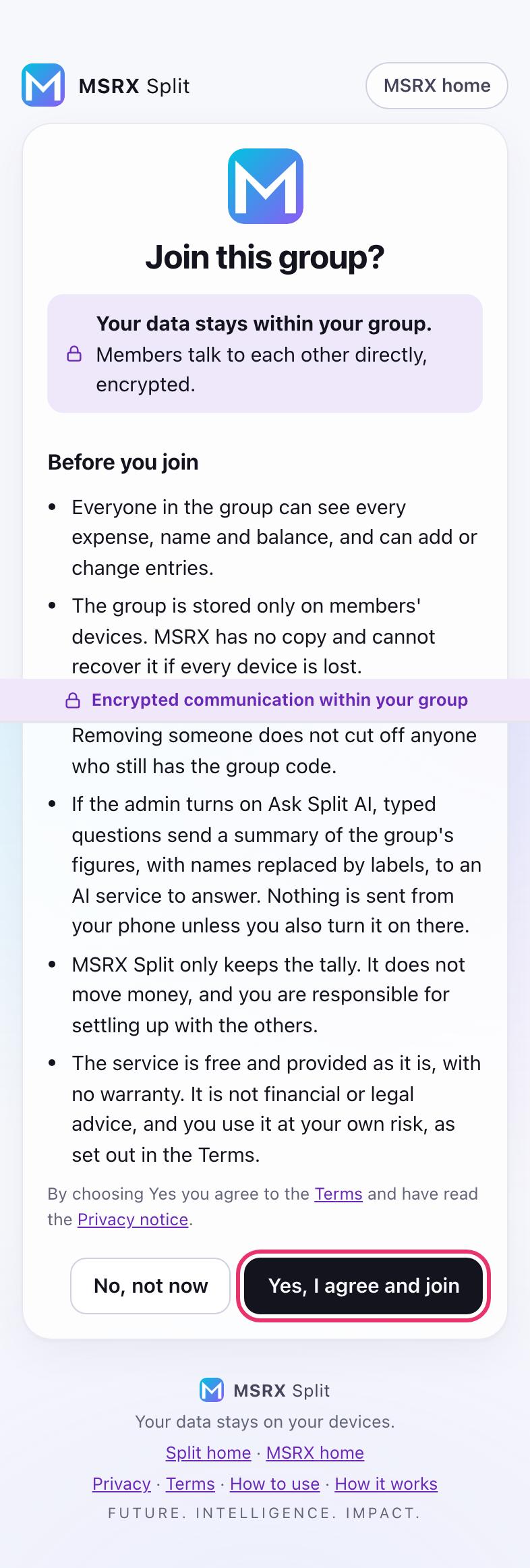 The join screen with who runs the group, what joining means, and Yes, I agree and join
