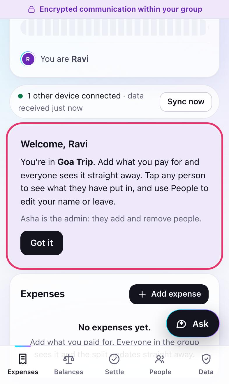 Ravi's phone after joining, welcomed by name, with one other device connected