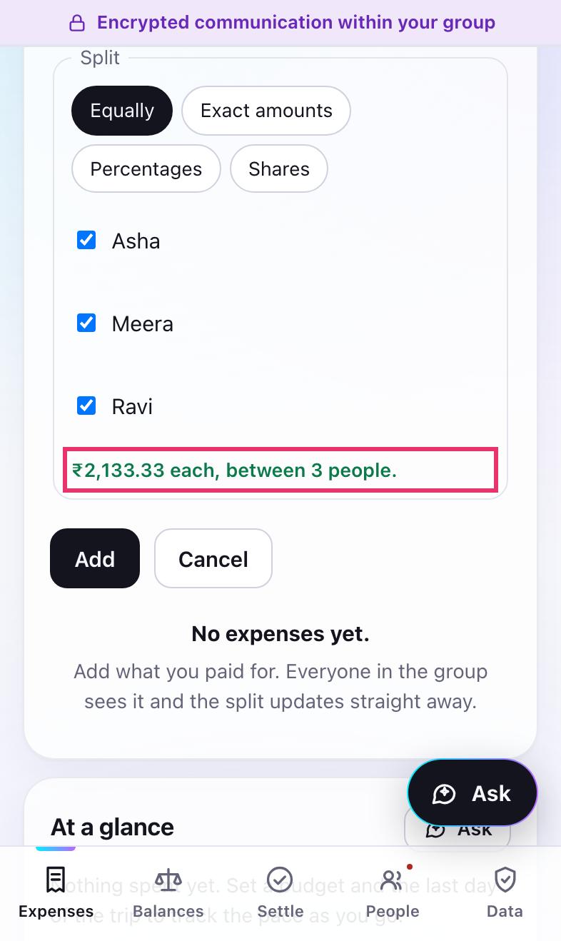 The expense form with an amount, a category and the split shown as each person's share