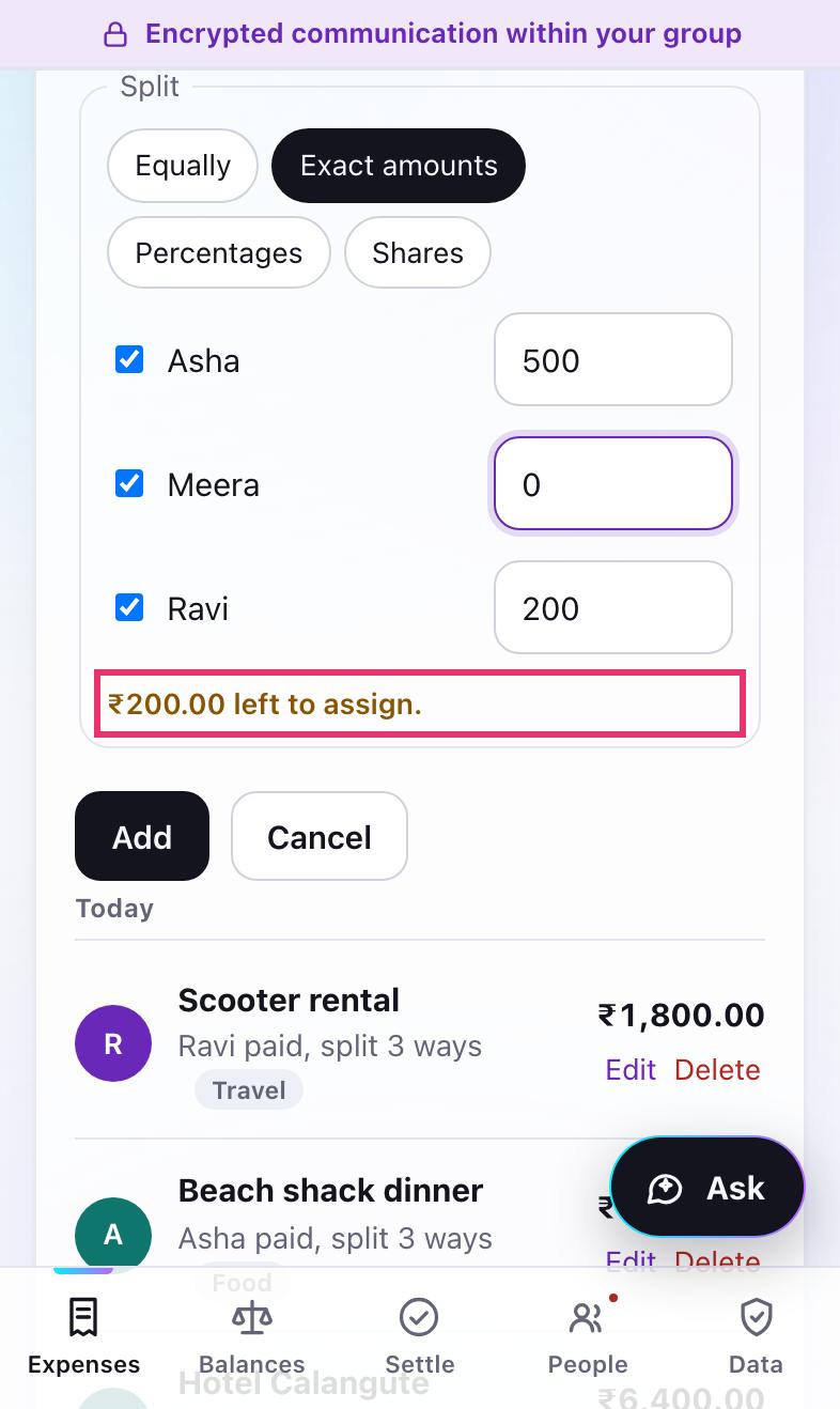 Exact amounts chosen, with a note saying ₹200.00 left to assign