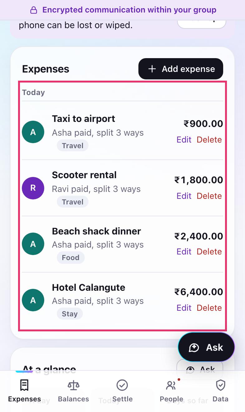 Expenses listed under Today, each showing who paid and how it was split