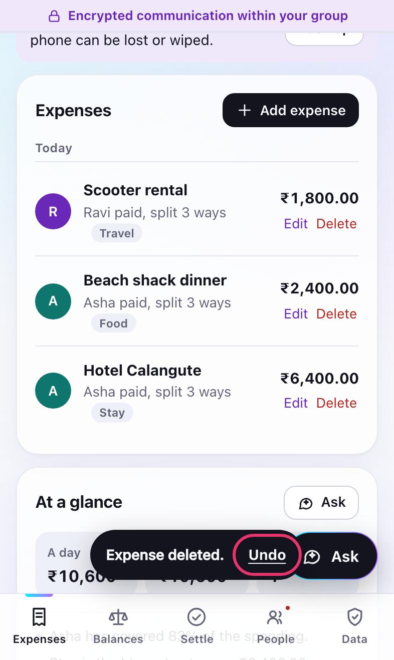 Expense deleted, with an Undo button