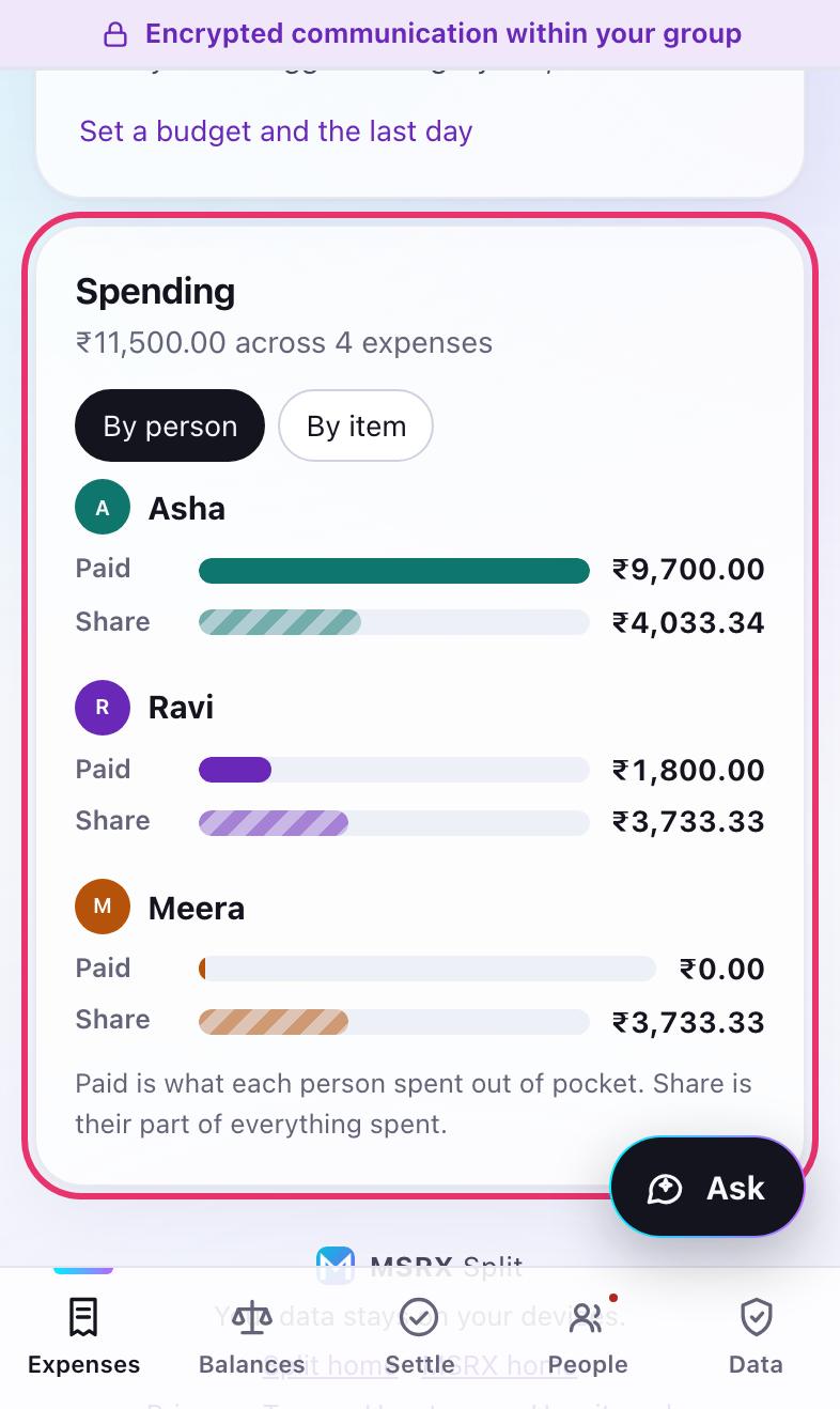 Bars for each person showing what they paid and their share