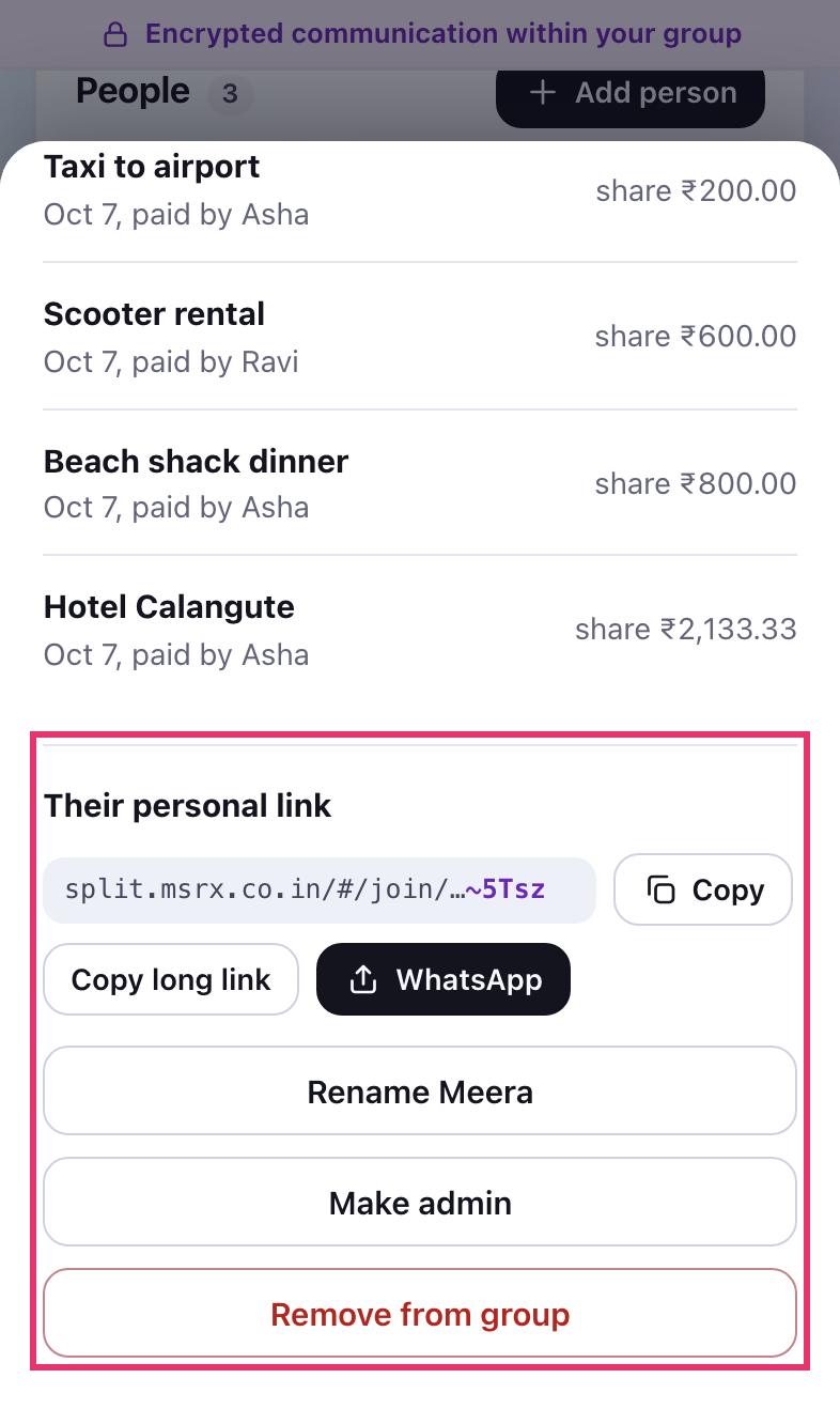An admin viewing Meera, with Rename, Make admin and Remove from group
