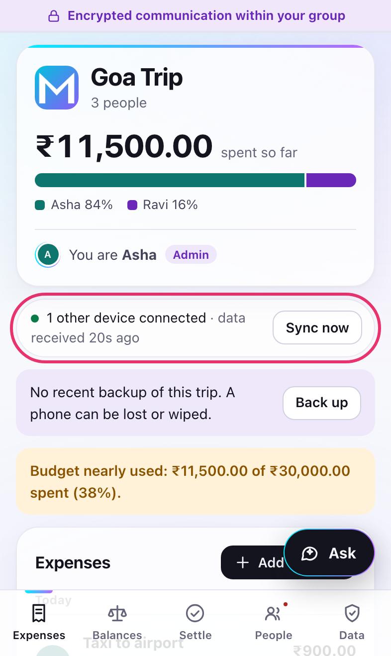 The sync line showing one other device connected