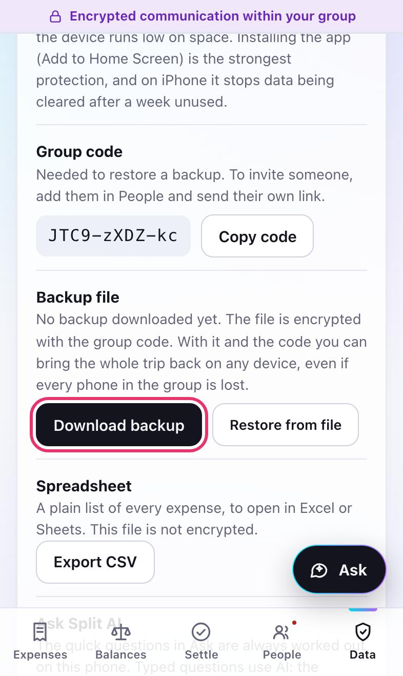 The Data tab with the group code and Download backup