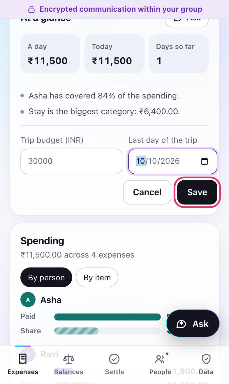 The At a glance card with a trip budget and the last day of the trip filled in