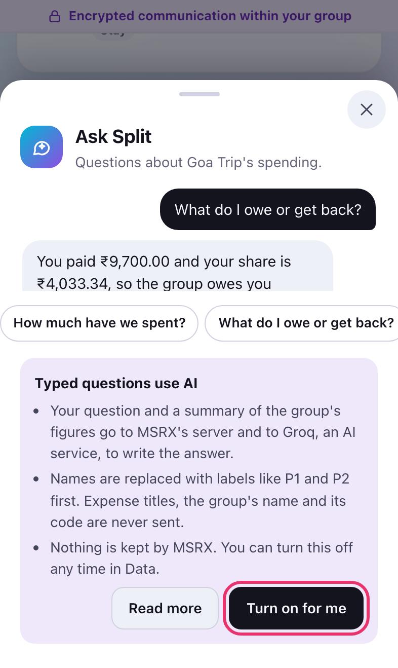 The card Typed questions use AI, explaining what is sent, with Turn on for me
