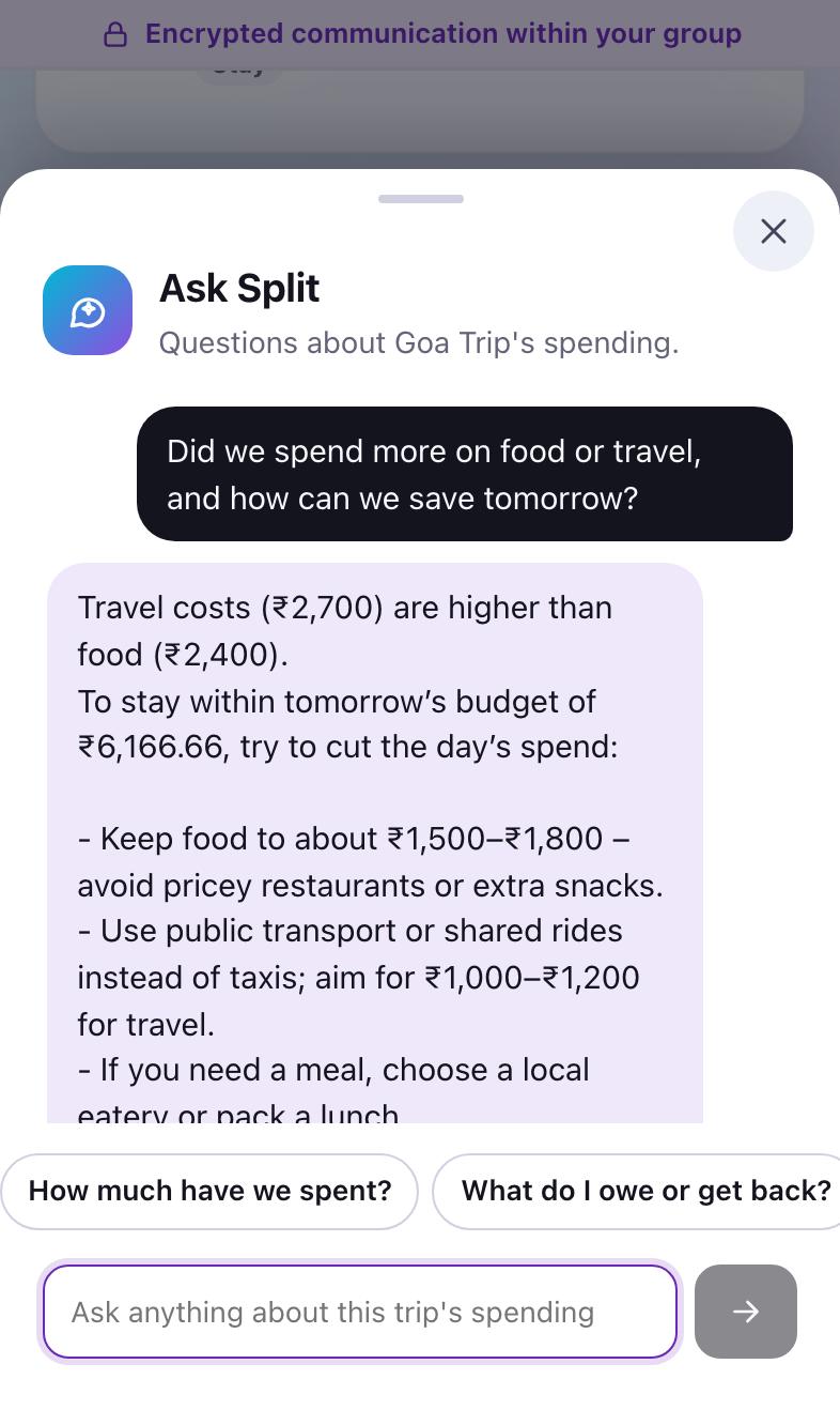 A typed question about food spending with an AI answer, marked as an AI answer from the group's figures